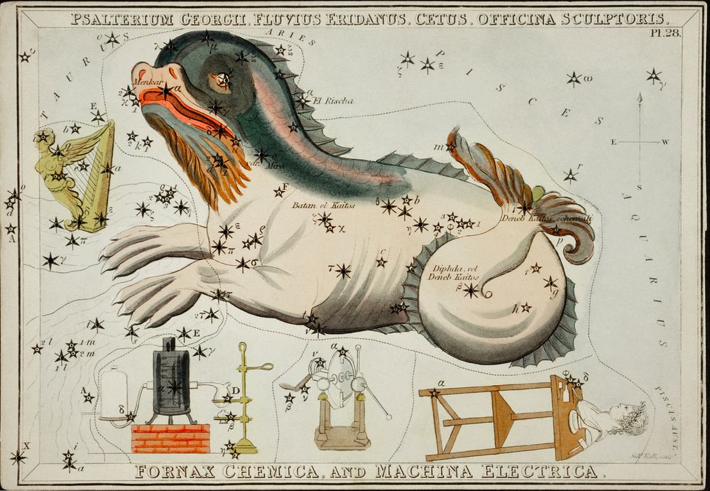 Sidney Hall&rsquo;s (1831) astronomical chart illustration of the Psalterium Georgii, Fluvius Eridanus, Cetus, Officinal…