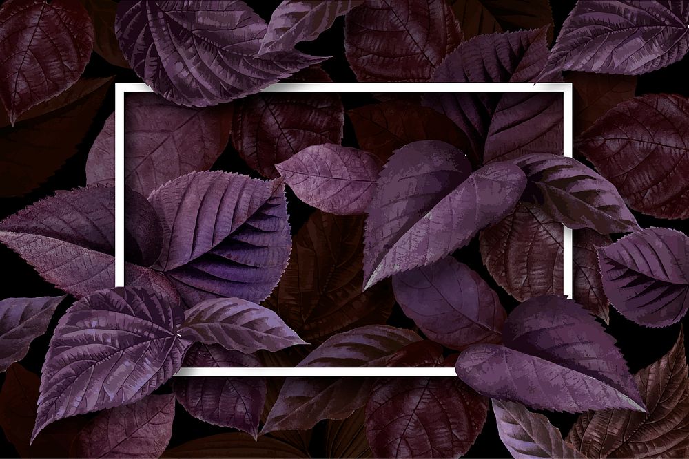 White frame on a metallic purple leaves textured background vector