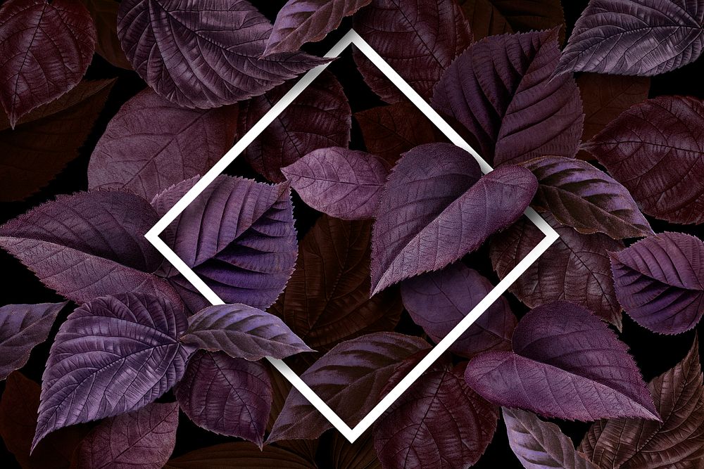 White rhombus frame on a purple leaves textured background