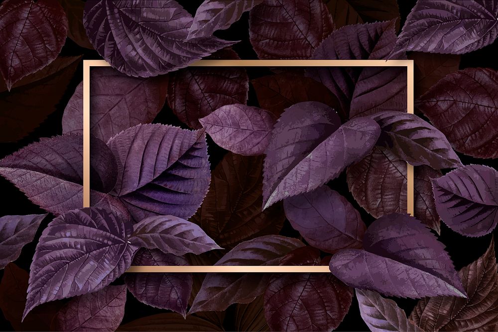 Gold rectangle frame on a metallic purple leaves textured background vector