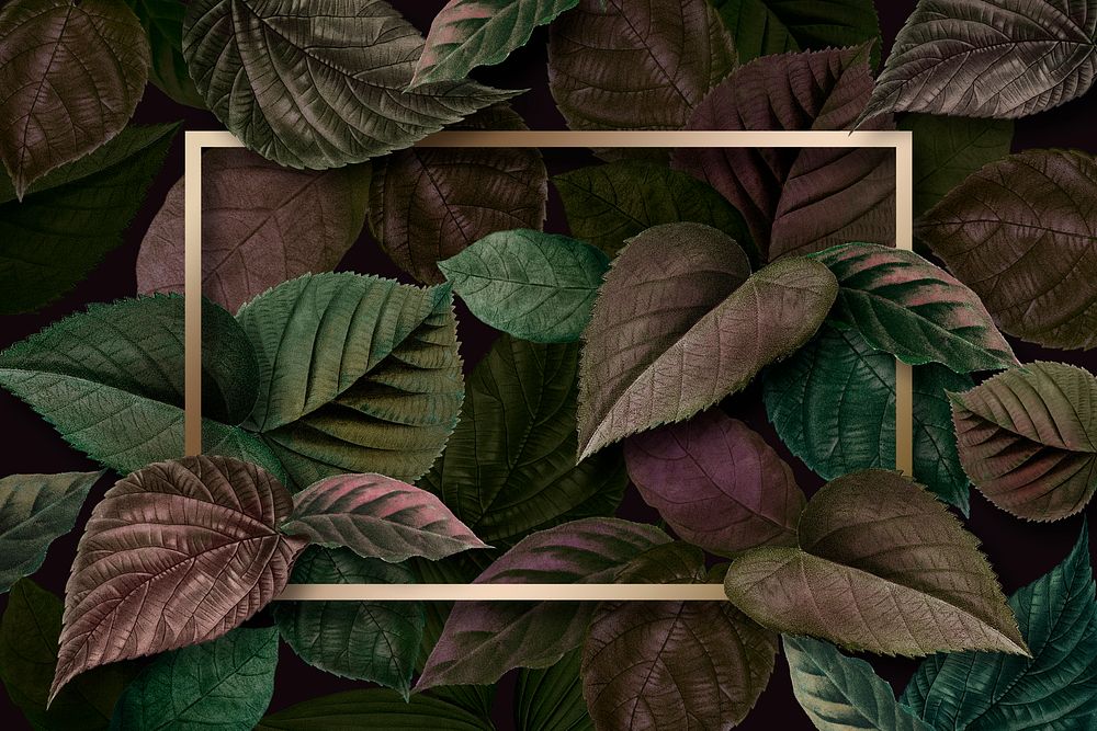 Gold rectangle frame on a metallic brown leaves textured background illustration