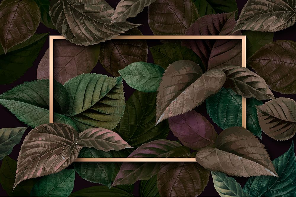 Gold rectangle frame on a metallic brown leaves textured background vector