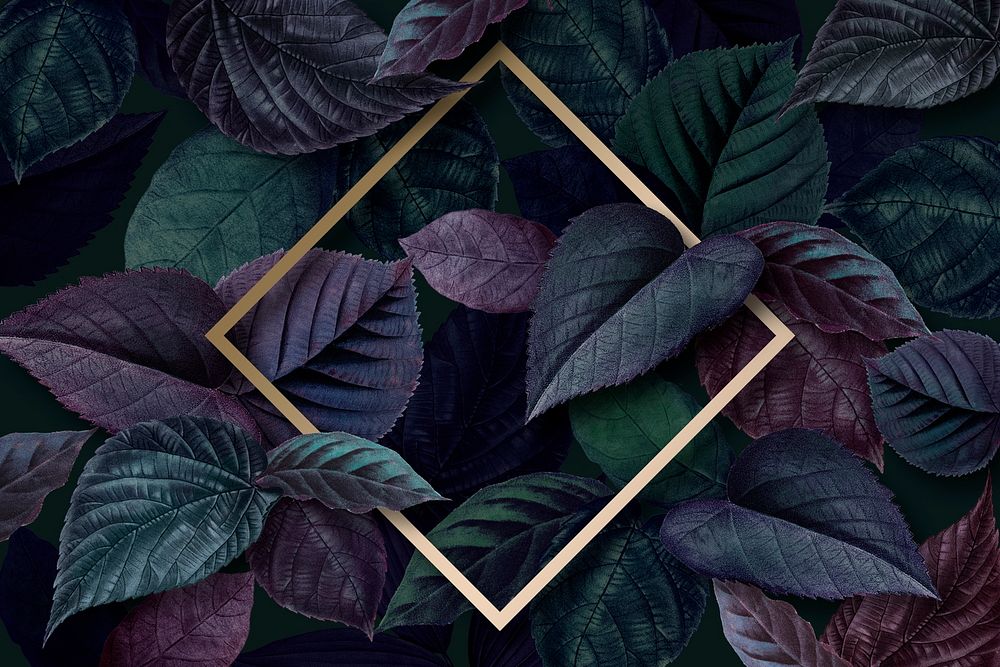 Gold rhombus frame on a metallic purple leaves textured background