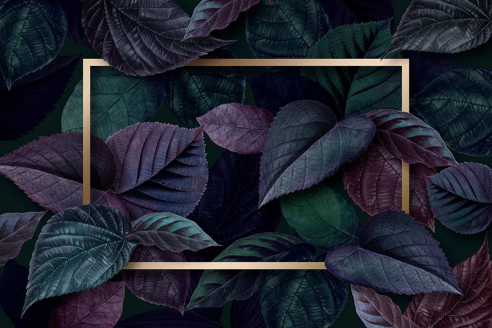 Gold rectangle frame on a metallic blue leaves textured background illustration