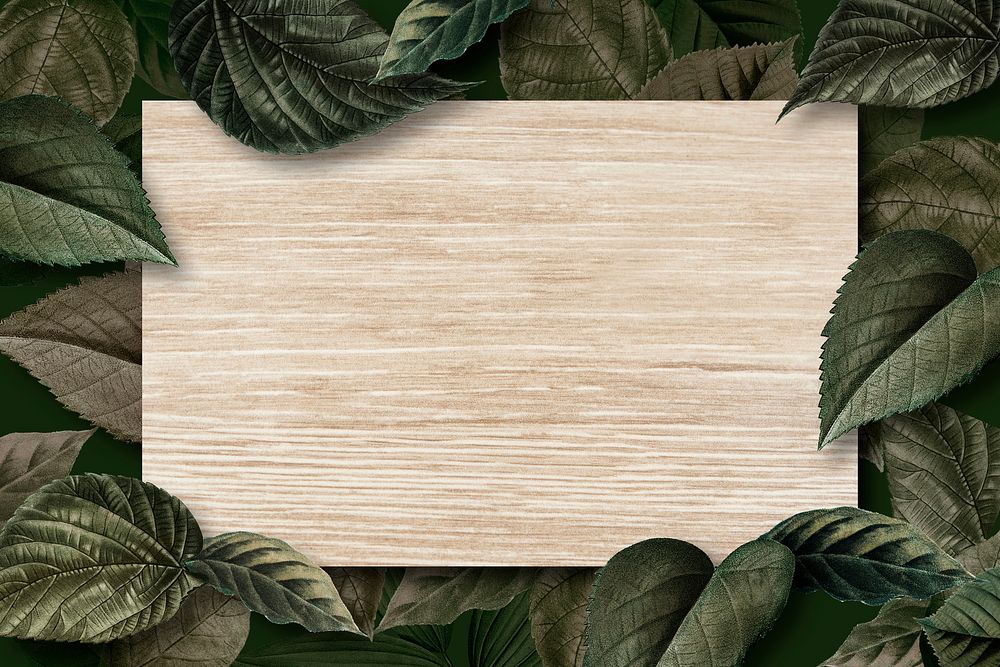 Blank wooden board on a metallic green leaves textured background illustration
