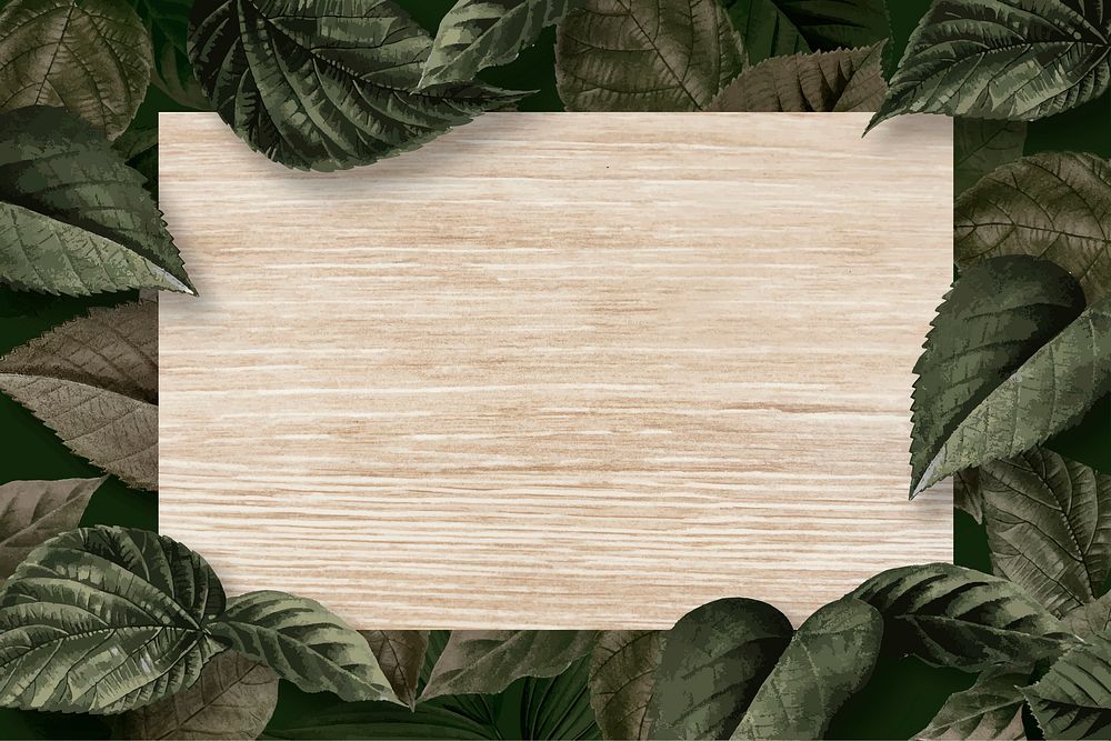 Blank wooden board on a metallic green leaves textured background vector
