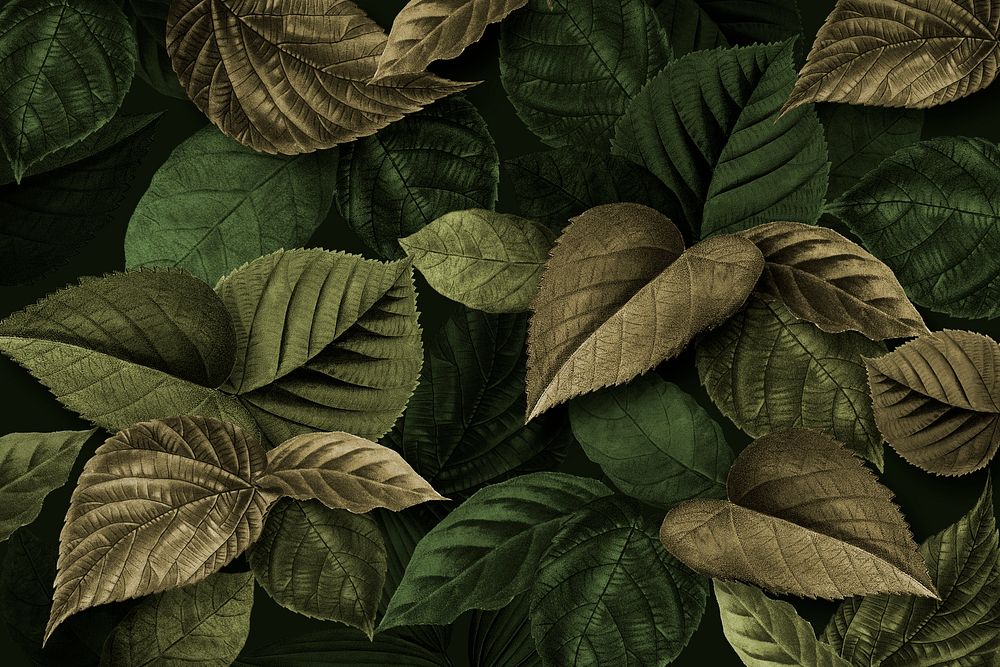 Metallic green and gold leaves textured background
