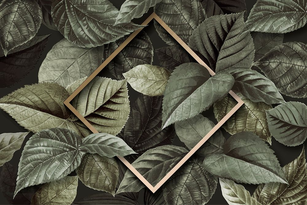 Gold rhombus frame on a metallic green leaves textured background