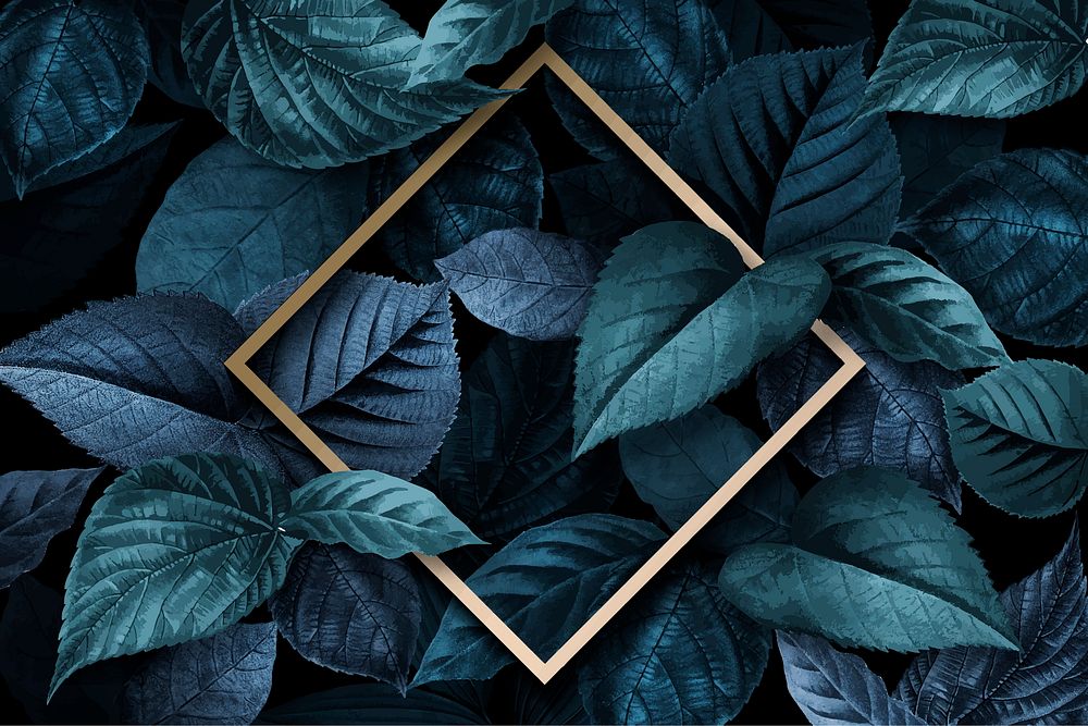 Gold rhombus frame on a blue leaves textured background