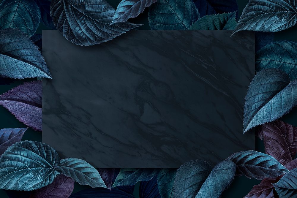 Blank black marble poster on a metallic blue leaves textured background illustration