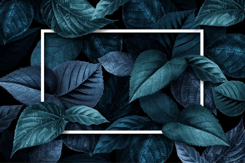 White frame on a metallic blue leaves textured background vector