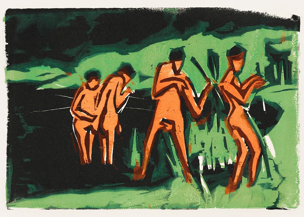 Bathers Throwing Reeds (1909) print in high resolution by Ernst Ludwig Kirchner. Original from The Clark Art Institute.…