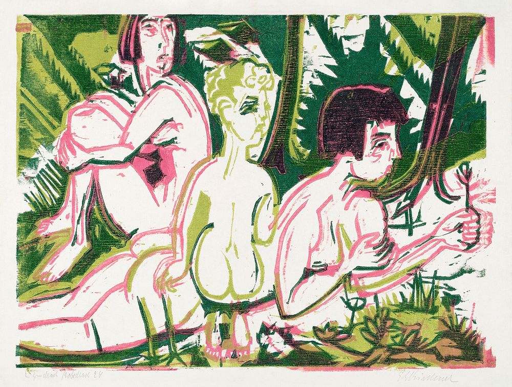 Nude Women with a Child in the Forest (1925) print in high resolution by Ernst Ludwig Kirchner. Original from The National…