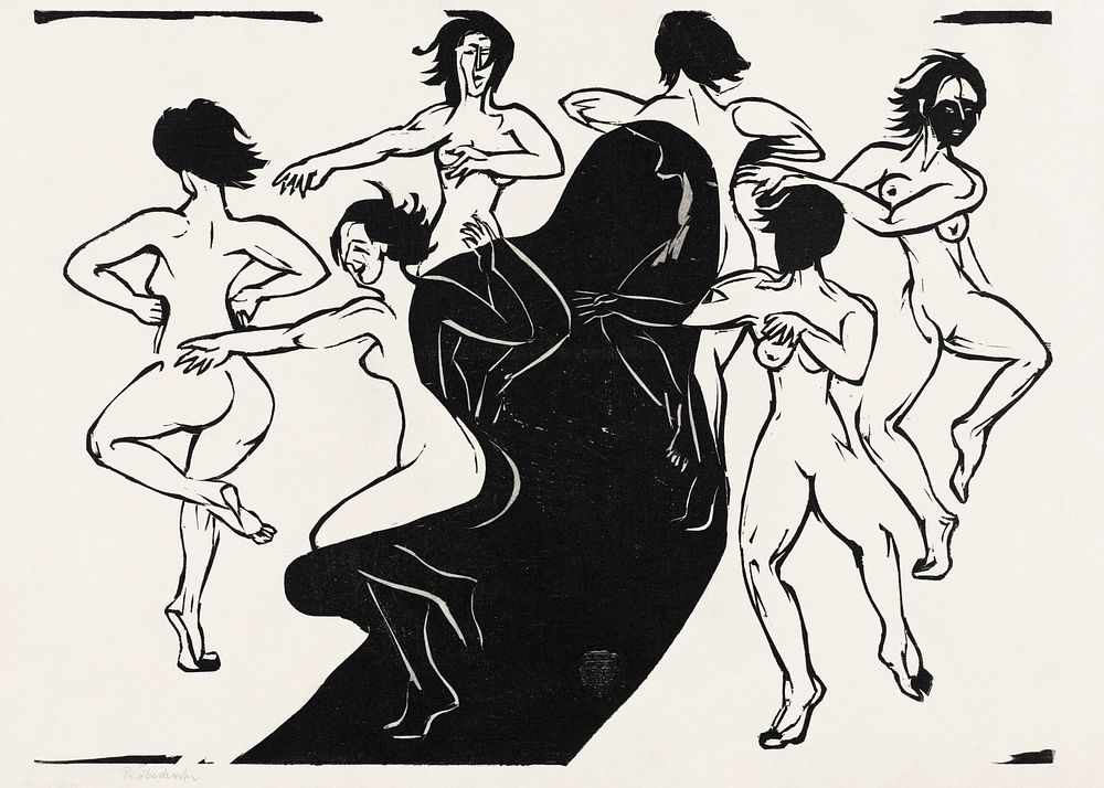 Nudes Dancing around a Shadow (1936) print in high resolution by Ernst Ludwig Kirchner. Original from The National Gallery…