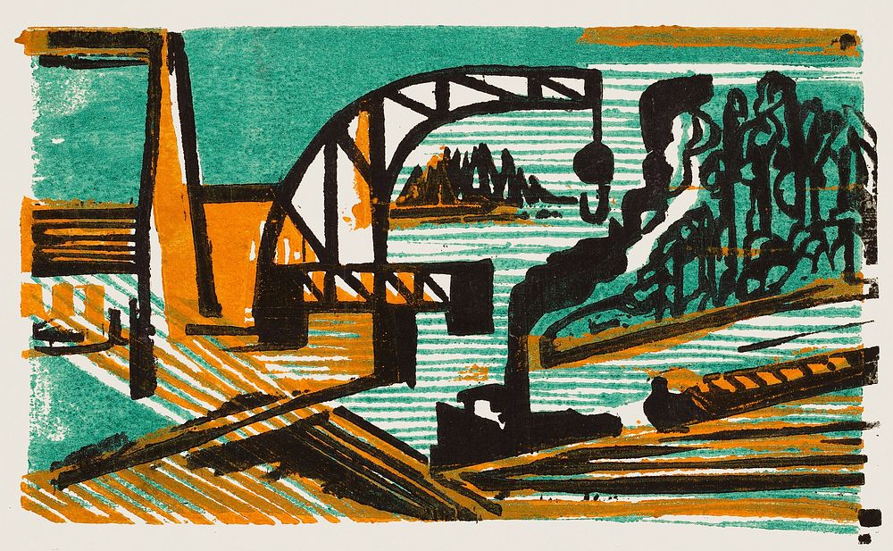 River Landscape with Crane and Barges (1927) print in high resolution by Ernst Ludwig Kirchner. Original from The National…