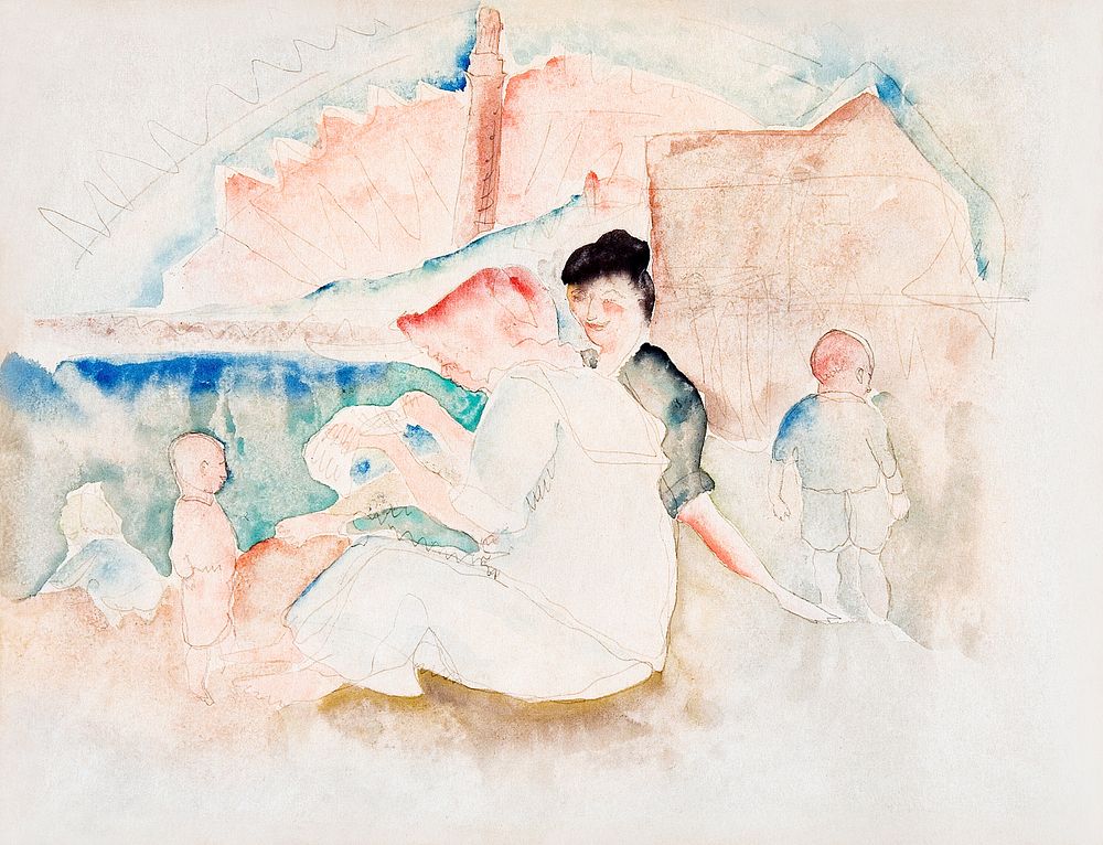 Two Women and Three Children on the Beach (ca.1916) painting in high resolution by Charles Demuth. Original from The Barnes…