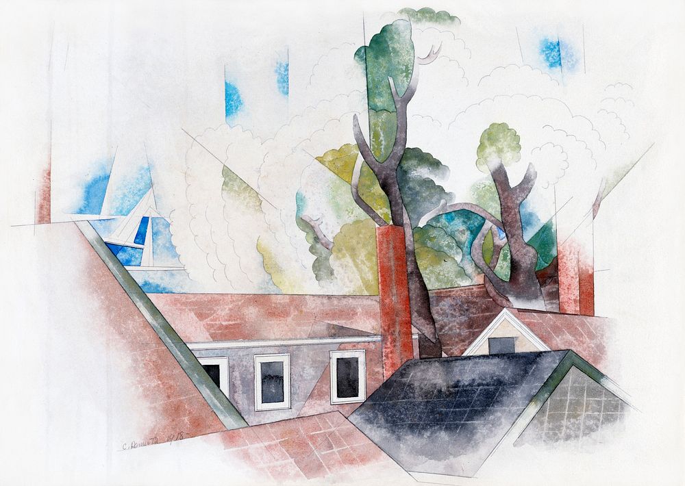 Rooftops and Trees (1918) painting in high resolution by Charles Demuth. Original from National Gallery of Art. Digitally…