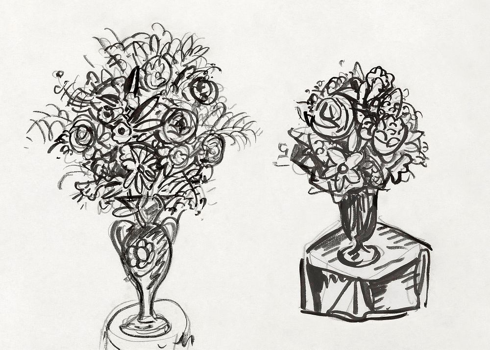 Flower vases on a tables (ca. 1891&ndash;1941) drawing in high resolution by Leo Gestel. Original from The Rijksmuseum.…