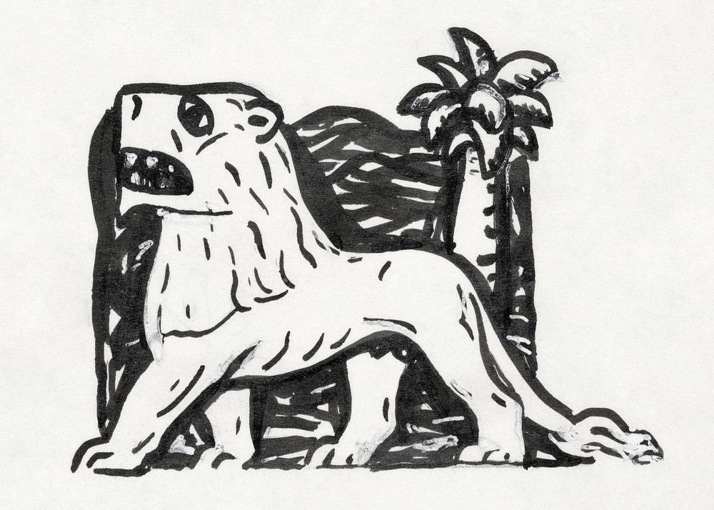 Lion stands in front of a palm tree (ca. 1891&ndash;1941) drawing in high resolution by Leo Gestel. Original from The…