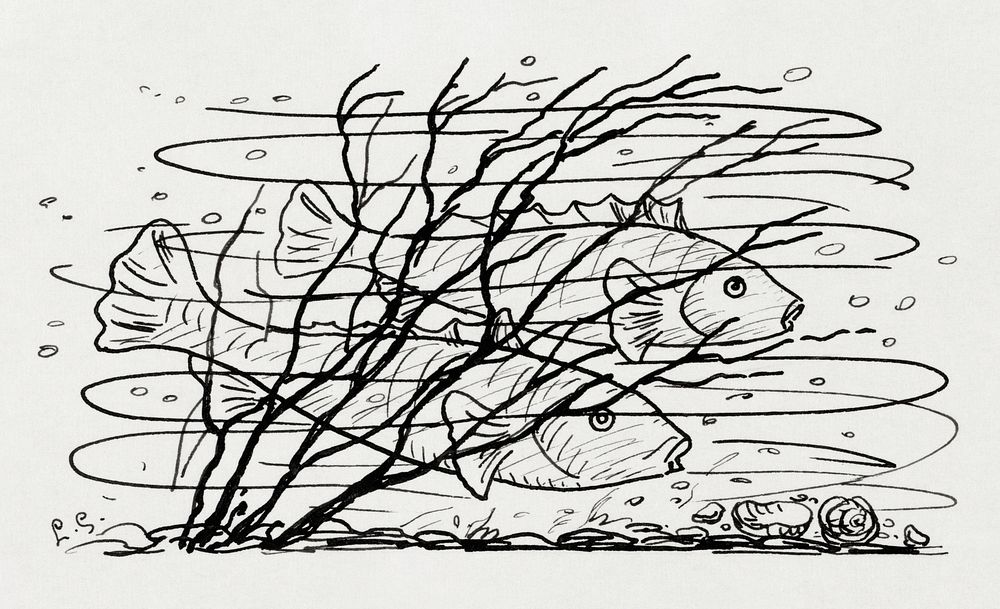 Two fish in the water (ca. 1891&ndash;1941) drawing in high resolution by Leo Gestel. Original from The Rijksmuseum.…