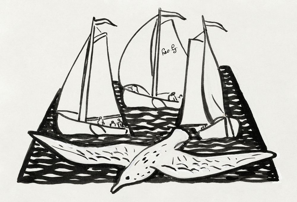 Three sailing ships and a seagull (ca. 1891&ndash;1941) drawing in high resolution by Leo Gestel. Original from The…