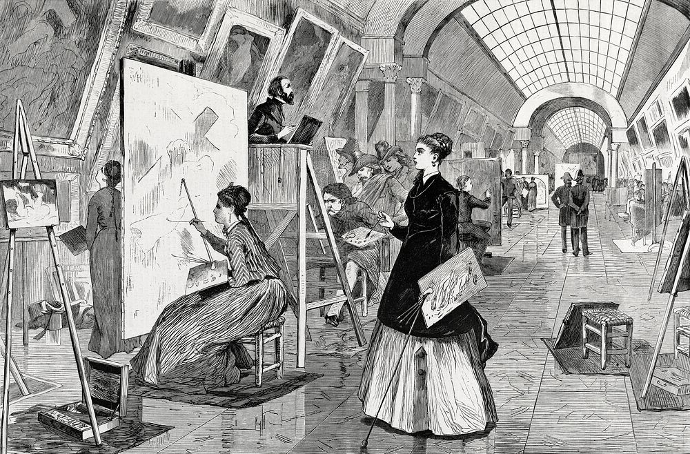 Art Students and Copyists in the Louvre Gallery, Paris (1864) by Winslow Homer. Original from Cleveland Art. Digitally…