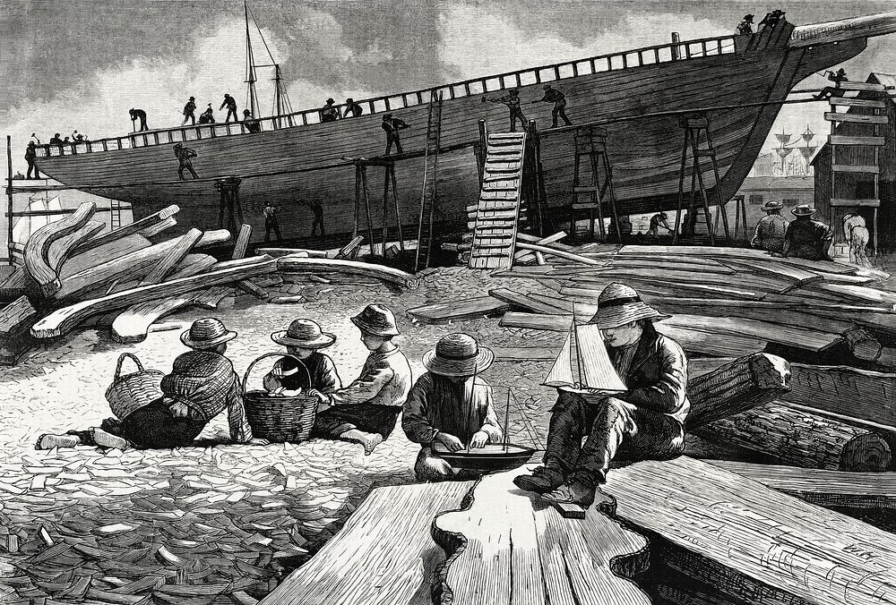 Ship-Building, Gloucester Harbor (1873) by Winslow Homer. Original from Cleveland Art. Digitally enhanced by rawpixel.