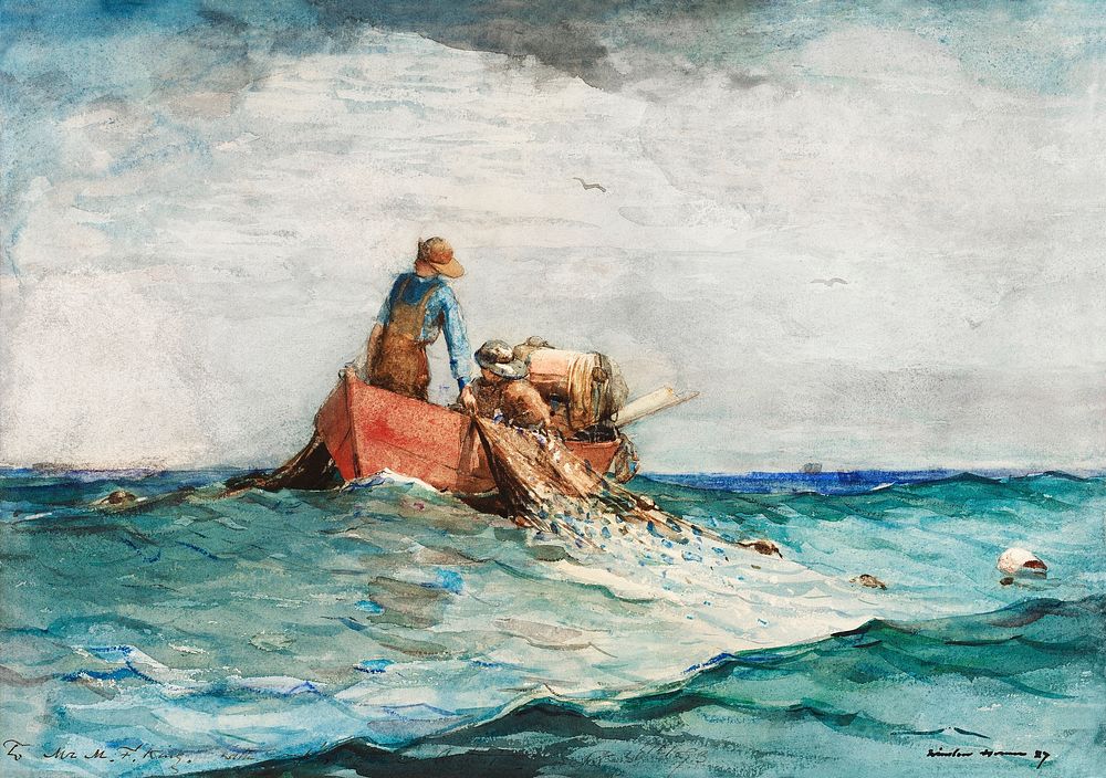 Hauling in the Nets (1887) by Winslow Homer. Original from The National Gallery of Art. Digitally enhanced by rawpixel.