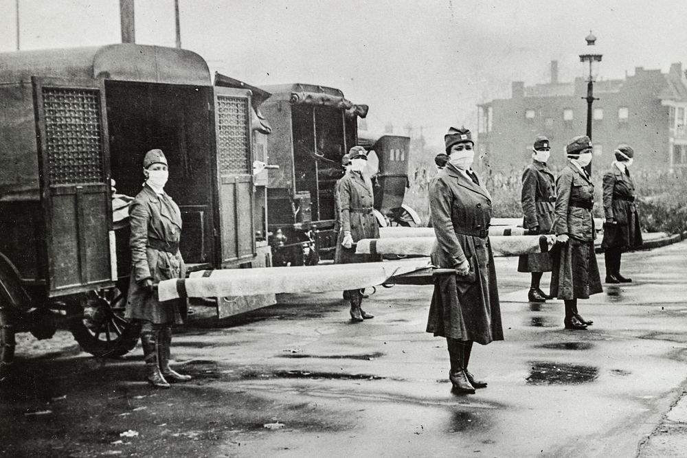 St. Louis Red Cross Motor Corps on duty during influenza epidemic (1918). Original from Library of Congress. Digitally…