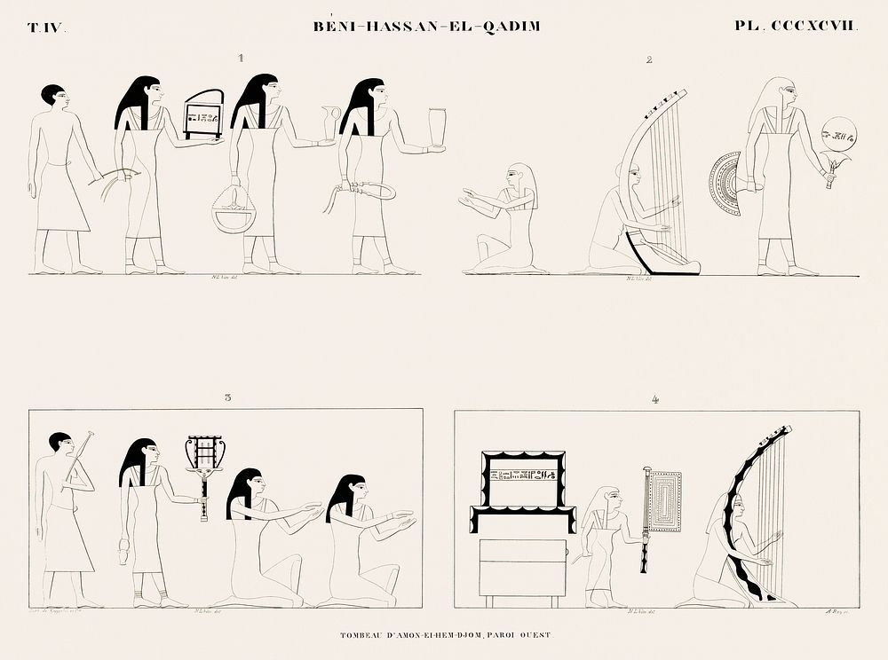 Vintage illustration of Tomb of Amon-ei-hem-djom, west wall from Monuments de l'&Eacute;gypte et de la Nubie.