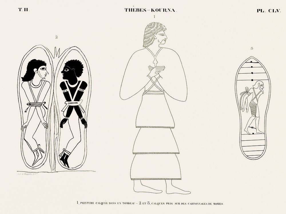 Vintage illustration of Tracing painting in a tomb and Tracing taken from cardboard boxes of mummies from Monuments de…