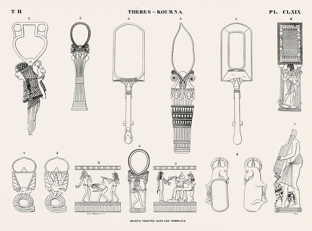 Vintage illustration of Objects found in the tombs from Monuments de l'&Eacute;gypte et de la Nubie.
