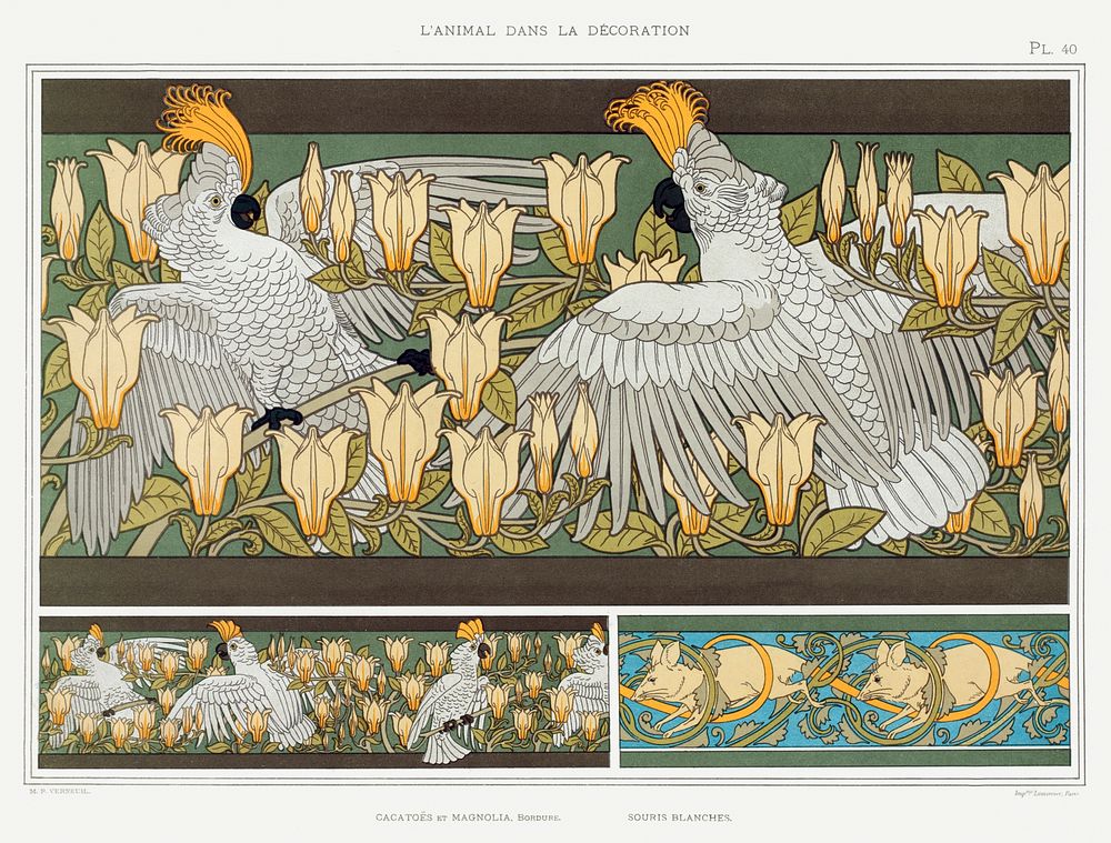 Cacato&euml;s et magnolia, bordure. Souris blanches from L'animal dans la d&eacute;coration (1897) illustrated by Maurice…
