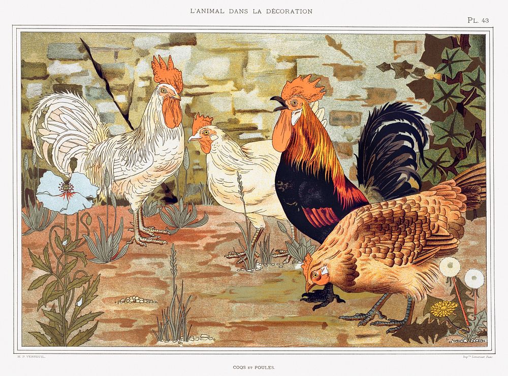 Coqs et poules from L'animal dans la d&eacute;coration (1897) illustrated by Maurice Pillard Verneuil. Original from the The…