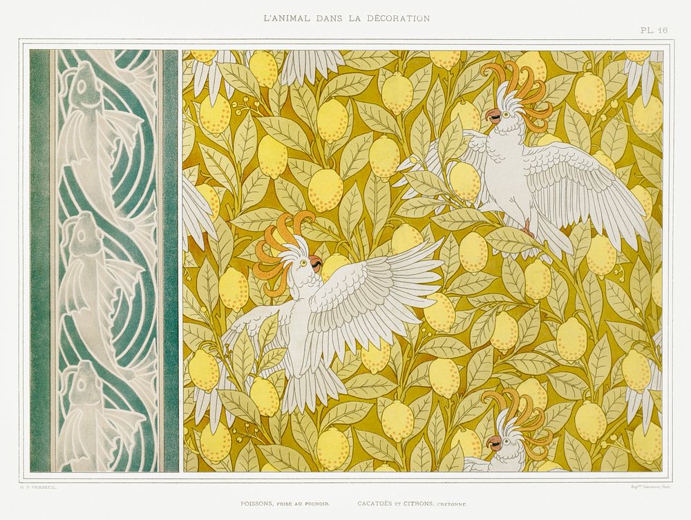 Poissons, frise au pochoir. Cacato&euml;s et citrons, cretonne from L'animal dans la d&eacute;coration (1897) illustrated by…
