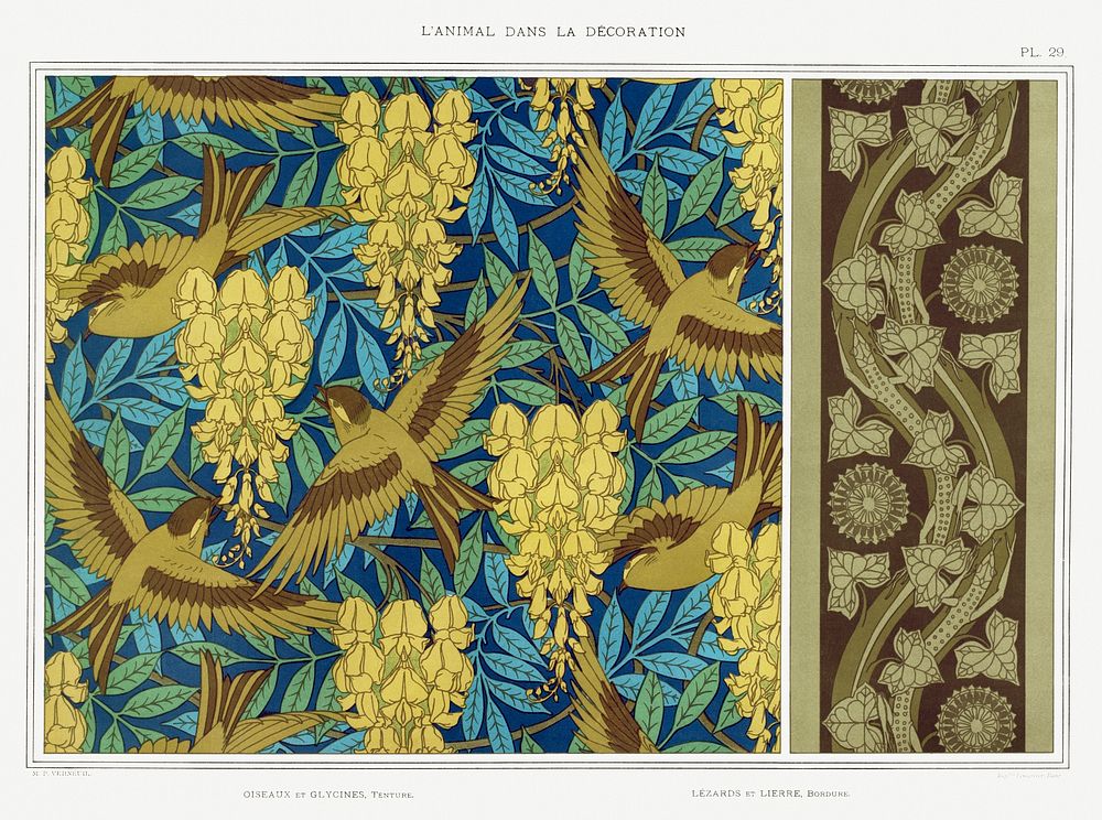 Oiseaux et glycines, tenture. L&eacute;zards et lierre, bordure from L'animal dans la d&eacute;coration (1897) illustrated…