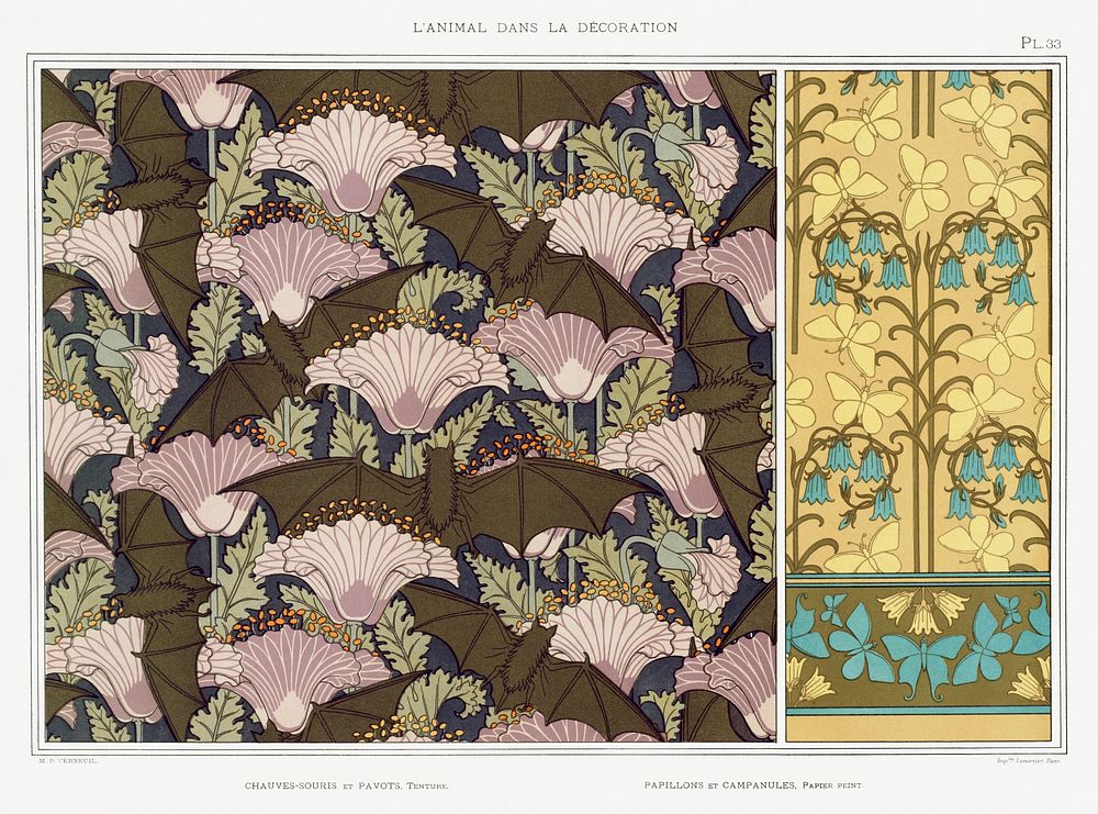 Chauves-souris et pavots, tenture. Papillons et campanules, papier peint from L'animal dans la d&eacute;coration (1897)…