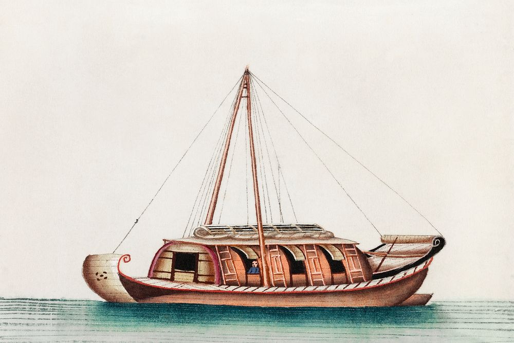 Chinese painting featuring river freight junk (ancient Chinese ship) (ca.1800&ndash;1899) from the Miriam and Ira D. Wallach…