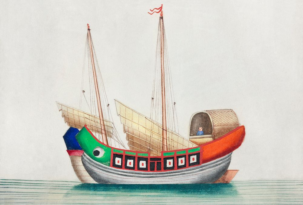 Chinese painting featuring sea junk (ancient Chinese ship) (ca.1800&ndash;1899) from the Miriam and Ira D. Wallach Division…