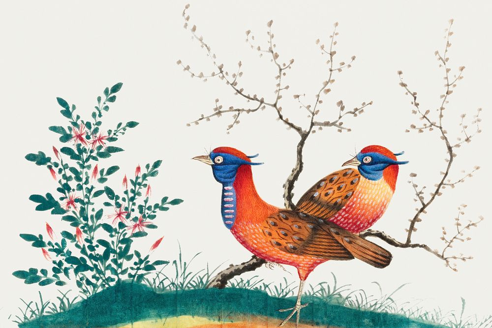 Chinese painting featuring two pheasant-like birds with flowering plants.