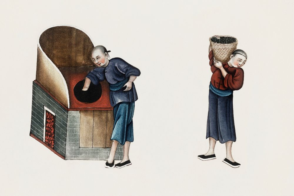 Chinese painting featuring one man drying in ovens, and the other man carrying packers (ca.1800&ndash;1899) from the Miriam…