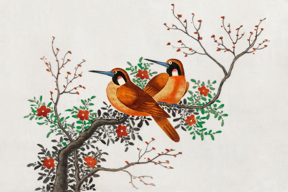 Chinese painting featuring two birds on a flowering tree branch (ca.1800&ndash;1899) from the Miriam and Ira D. Wallach…