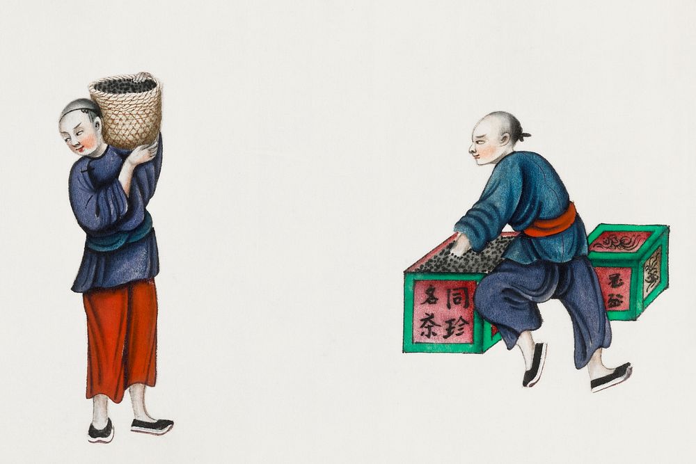 Chinese painting featuring one man packing tea and the other carrying a basket (ca.1800&ndash;1899) from the Miriam and Ira…
