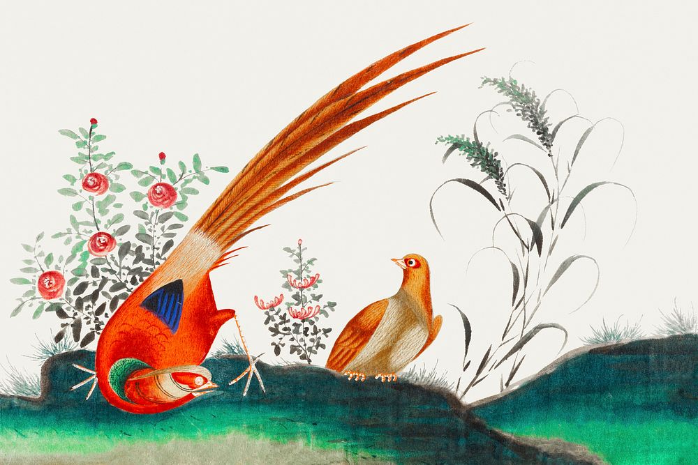 Chinese painting featuring two birds among flowers.
