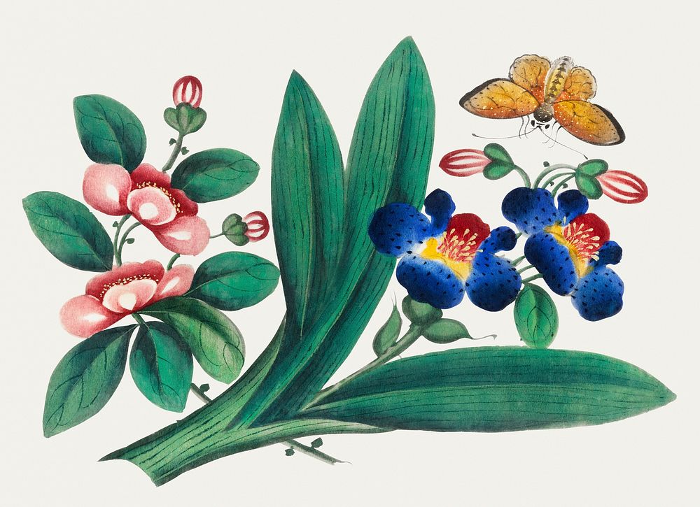 Chinese painting featuring flowers and a butterfly.