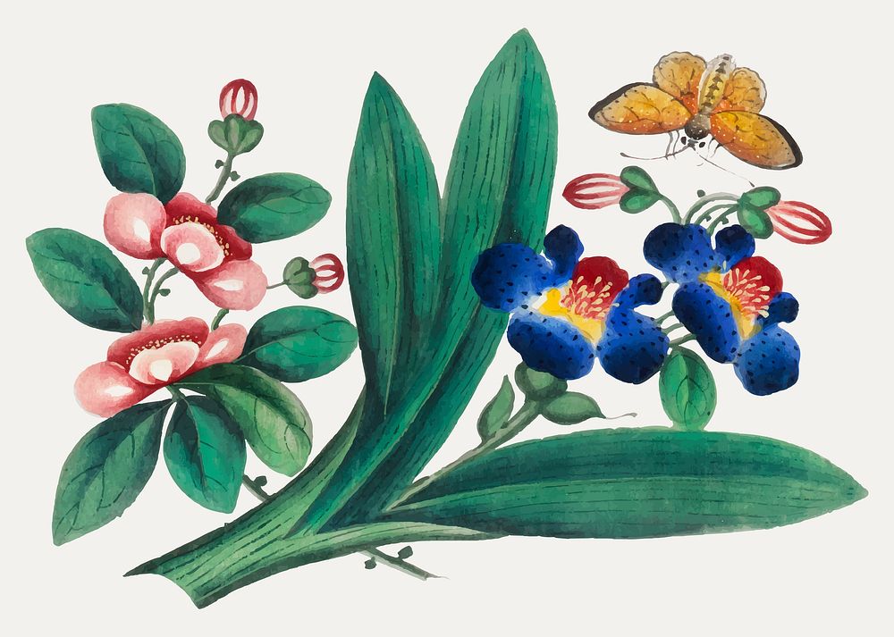 Chinese painting featuring flowers and a butterfly.