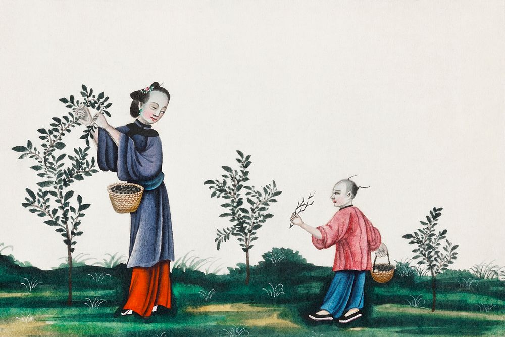 Chinese painting illustrating a mother and a son plucking tea sprouts (ca.1800&ndash;1899) from the Miriam and Ira D.…