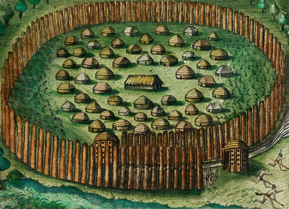 A council of state and A fortified village ; Construction of a native Floridian town illustration from Grand voyages (1596)…