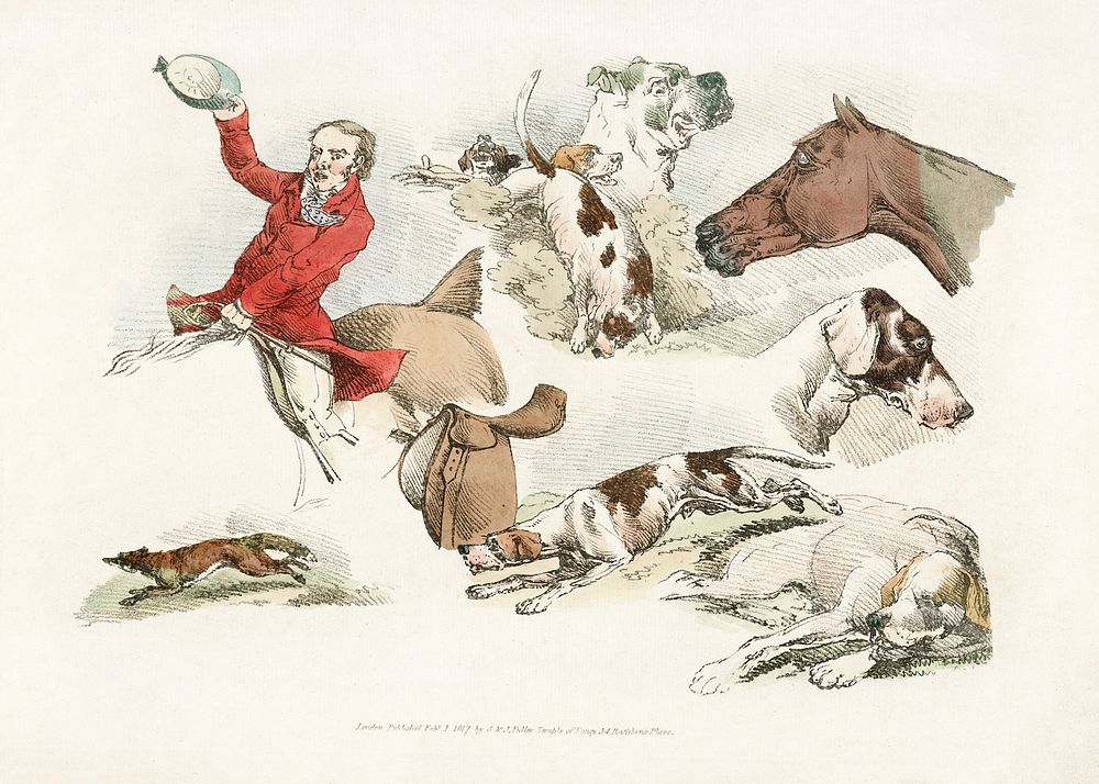 Vintage Illustration showing mounted hunter, running dogs and a fox from Sporting Sketches (1817-1818) by Henry Alken (1784…
