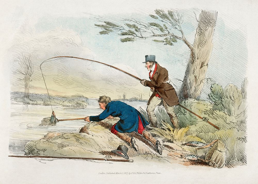 Illustration of fishing from Sporting Sketches (1817-1818) by Henry Alken (1784-1851). Original from The New York Public…
